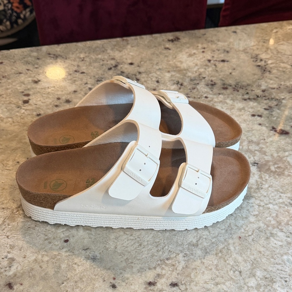 Papillio White Double-Buckle Platform Slide Sandals